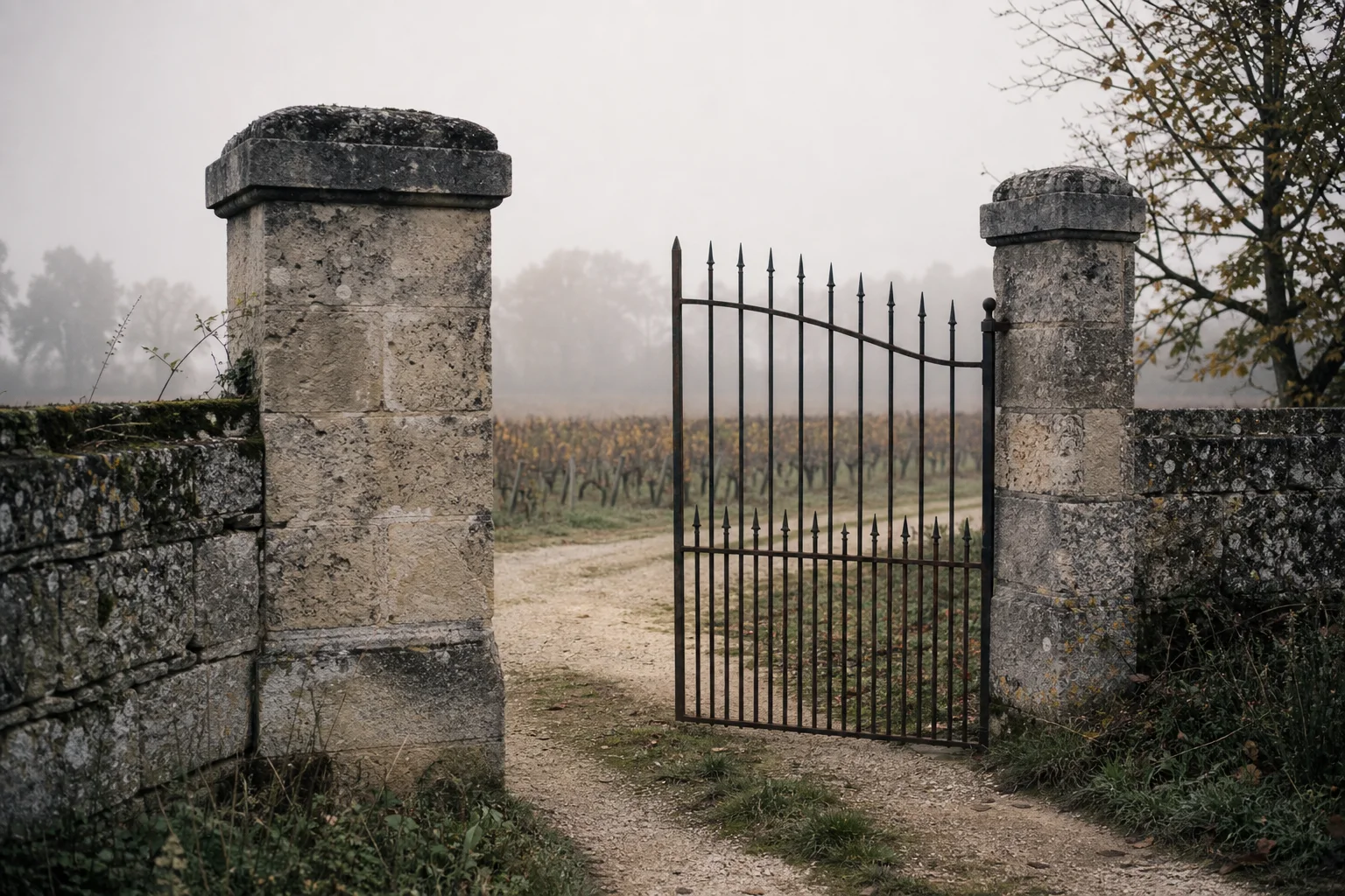Portail de pierre anonyme ouvrant sur des vignes de l’Entre-Deux-Mers
